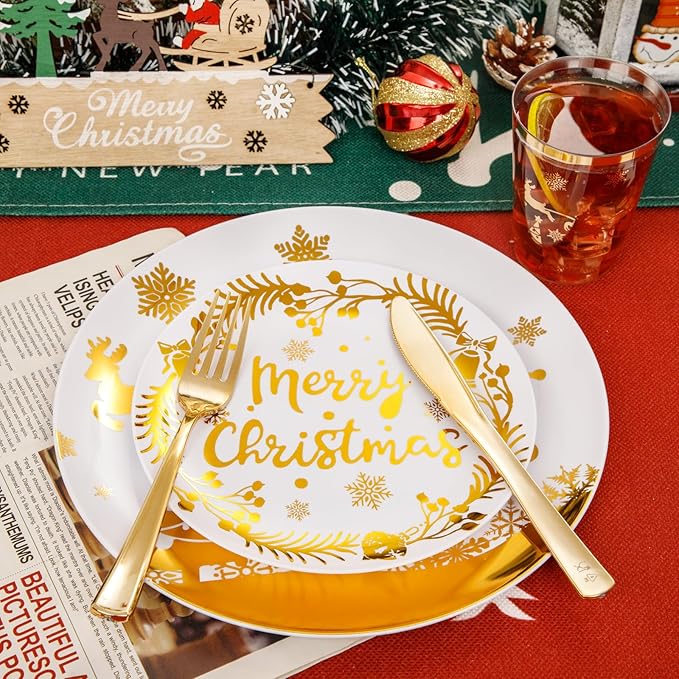 Supernal 150pcs Christmas Plates, Christmas Plastic Dinnerware include Gold - Image 8