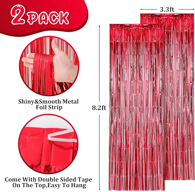 2 Pack Red Foil Fringe Backdrop Curtains, Tinsel Streamers Birthday Party - Image 3