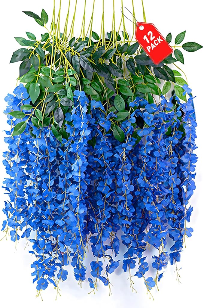 12 Pack Royal Blue Wisteria Hanging Flowers, 3.44 Ft Fake Hanging Flowers by ZEBMOON