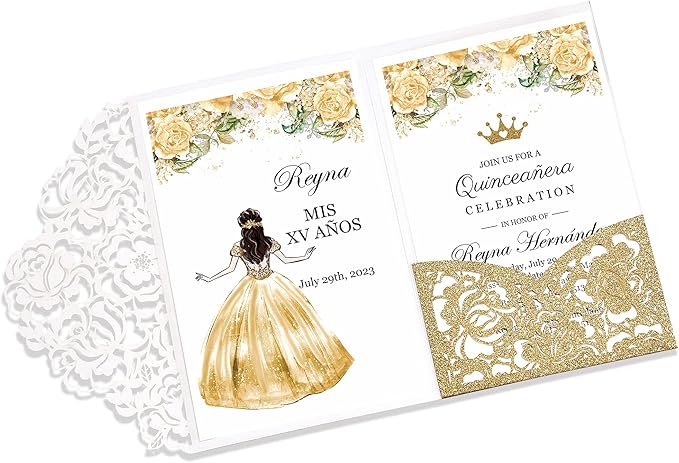 DORIS HOME 50pcs Laser Cut Quinceanera Invitations Gold Glitter, 4.7x7.1 Blank by DorisHome