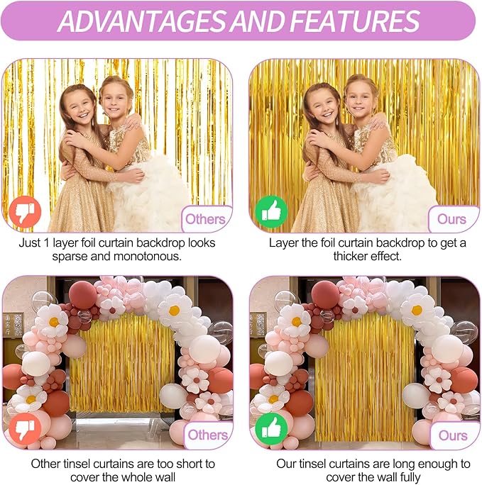Crosize 4 Pack 3.3 x 9.9 ft Gold Foil Fringe Curtains Party Decorations - Image 3