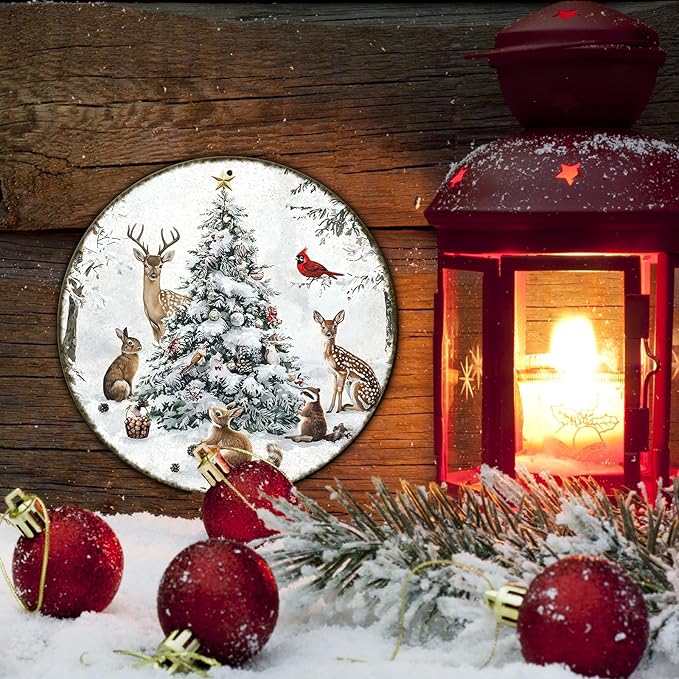 Round Christmas Snow Animals Metal Tin Sign - Image 5