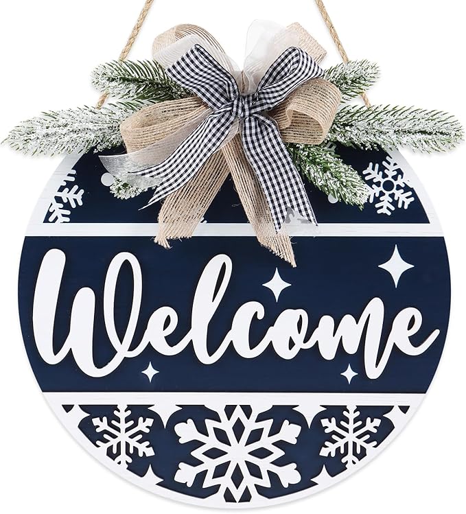CHDITB Blue Welcome Winter Front Door Sign Wreath, Wooden 3D Welcome Home by CHDITB