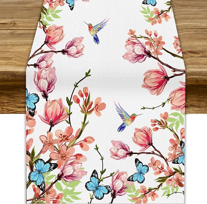 Spring Floral Bird Table Runner, Watercolor Pink Flower Plants Nature Butterfly by ShiTingYu