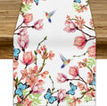 Spring Floral Bird Table Runner, Watercolor Pink Flower Plants Nature Butterfly by ShiTingYu