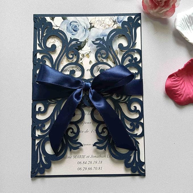 25PCS Pearl Navy Blue Laser Cut Wedding Invitations Cards - Image 2