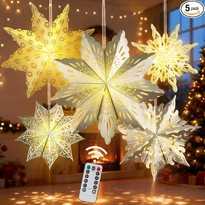 5 Pcs Christmas Paper Snowflake Lanterns, Large 3D Christmas Paper Star Lanterns by OuMuaMua