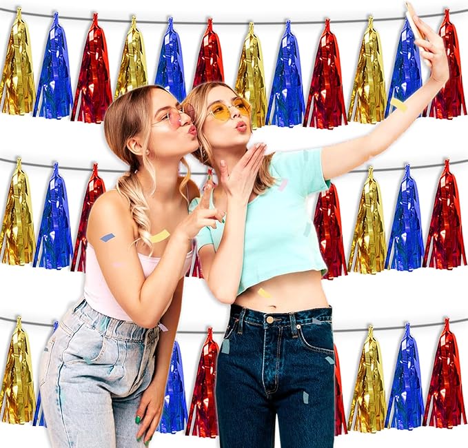 3P Gold Blue Red Foil Fringe Tassel Banner Metallic Tinsel Streamer Garland - Image 4
