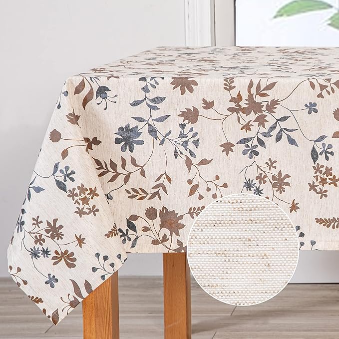 MYSKY HOME Rustic Tablecloth Classic Brown Leaves Printed Linen Fabric Table by MYSKYHOME