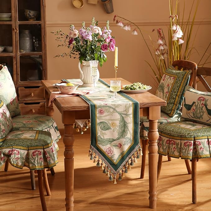 patdrea Designer Green Floral Table Runner, French Elegant Vibrant Rustic Linen - Image 3