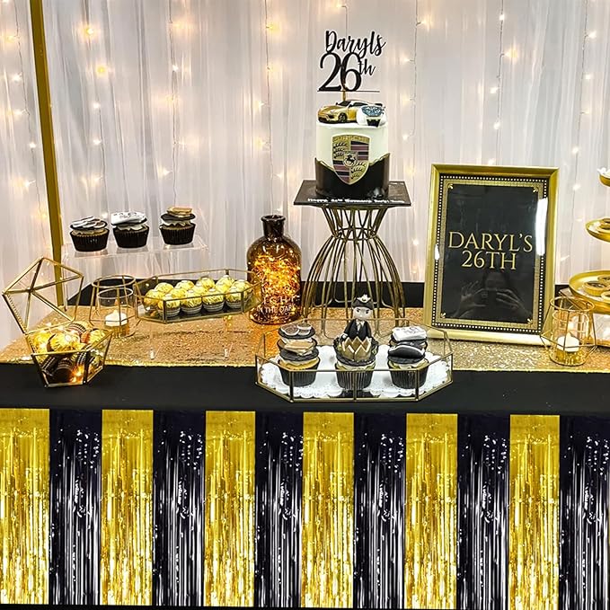 BEISHIDA 2 Pack Black Gold Table Skirts Party Decorations Metallic Tinsel Foil - Image 4