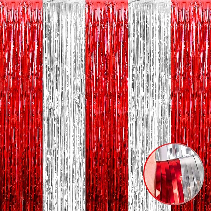4 Pack Silver Red Foil Fringe Curtain Backdrop, 3.28Ft x 8.2Ft Metallic Tinsel by Unknown