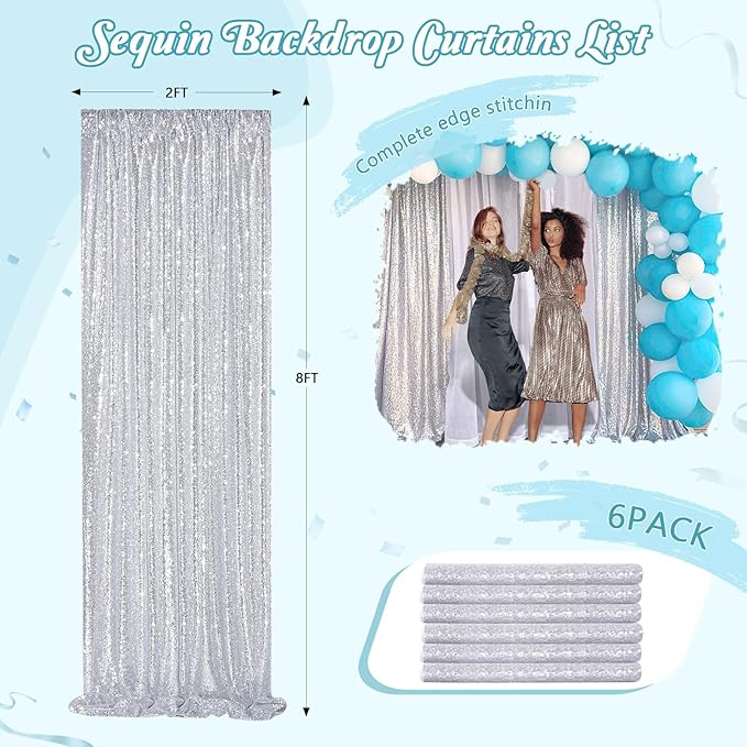 Silver Sequin Backdrop Curtains Drapes 6 Pieces 2ftx8ft Sparkly Christmas - Image 6