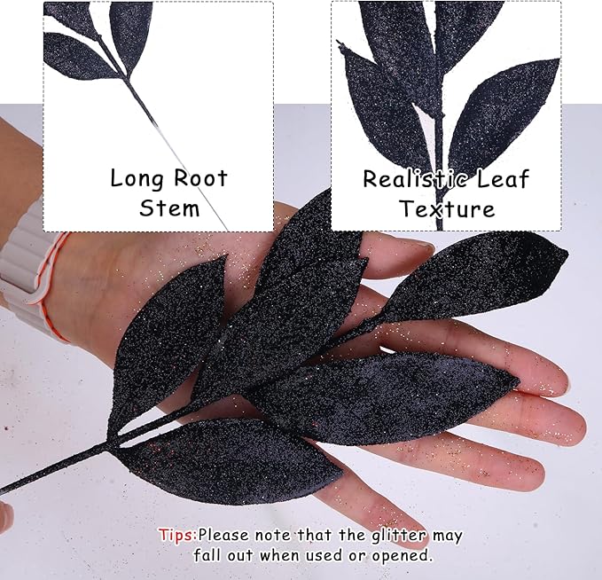 GREENTIME 12 Pack Artificial Black Glitter Leaves 13" Fake Decorative Glitter - Image 2