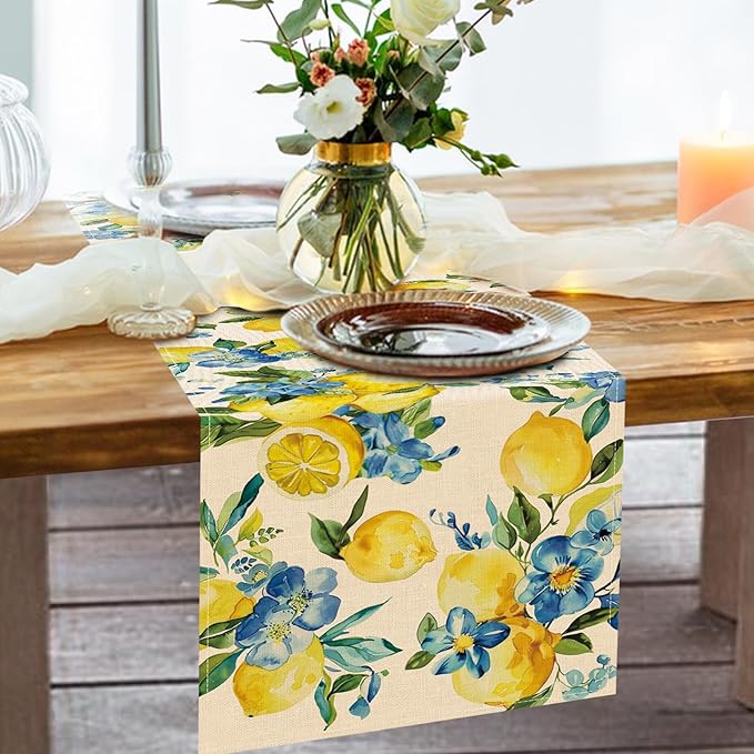 Lemon Blue Flower Dining Table Runner, Spring Summer Fruit Floral Burlap - Image 6