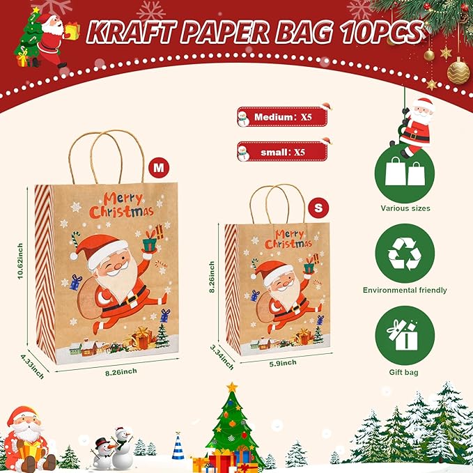 LYLIN 10Pcs Kraft Christmas Gift Bags, Christmas Tote Bags - Image 3