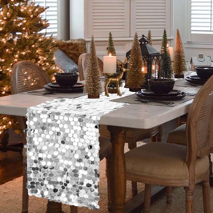 VHH Sequin Table Runner 12 x 108 inches Silver Table Runner, Glitter Runner - Image 2