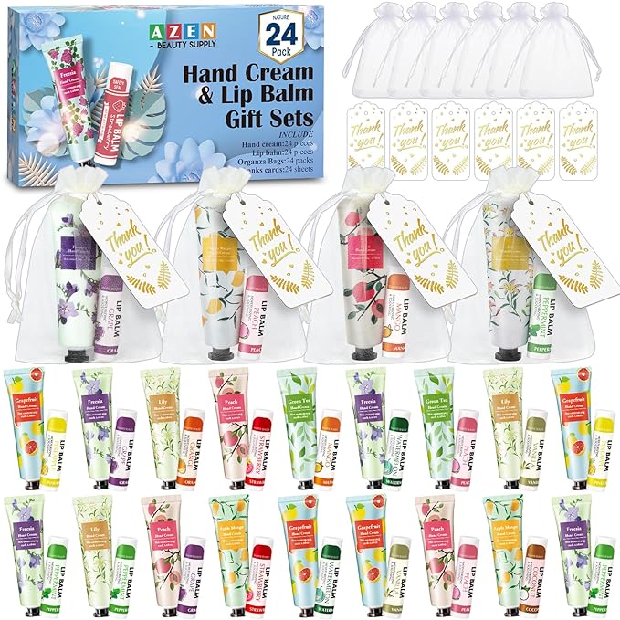 AZEN 24 Sets Bulk Gifts, Hand Cream and Lip Balm Bulk Set by AZEN