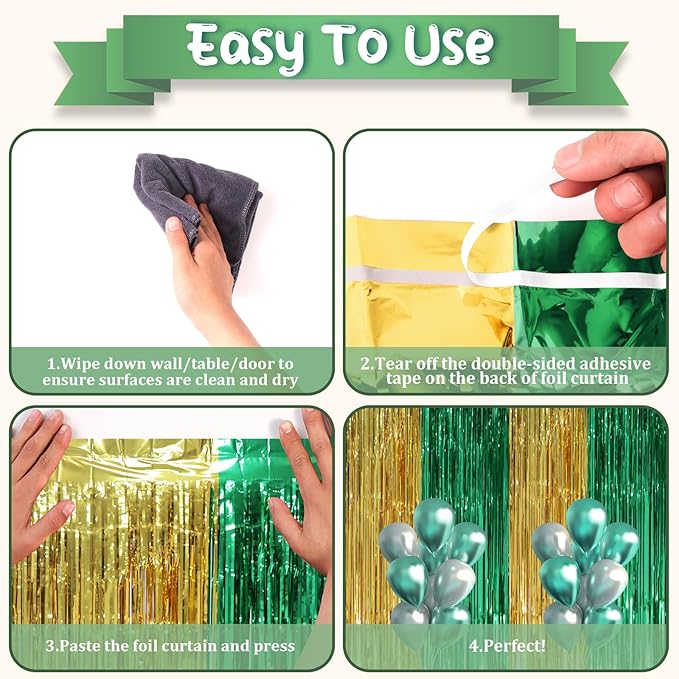 2 Pack Green and Gold Foil Fringe Backdrop Curtains, Tinsel Streamers Party - Image 4
