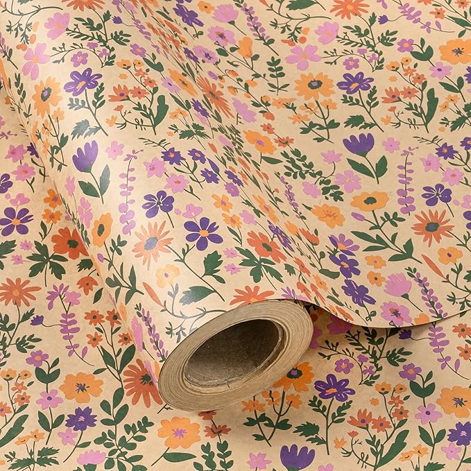 WRAPAHOLIC Kraft Floral Wrapping Paper Roll by WRAPAHOLIC