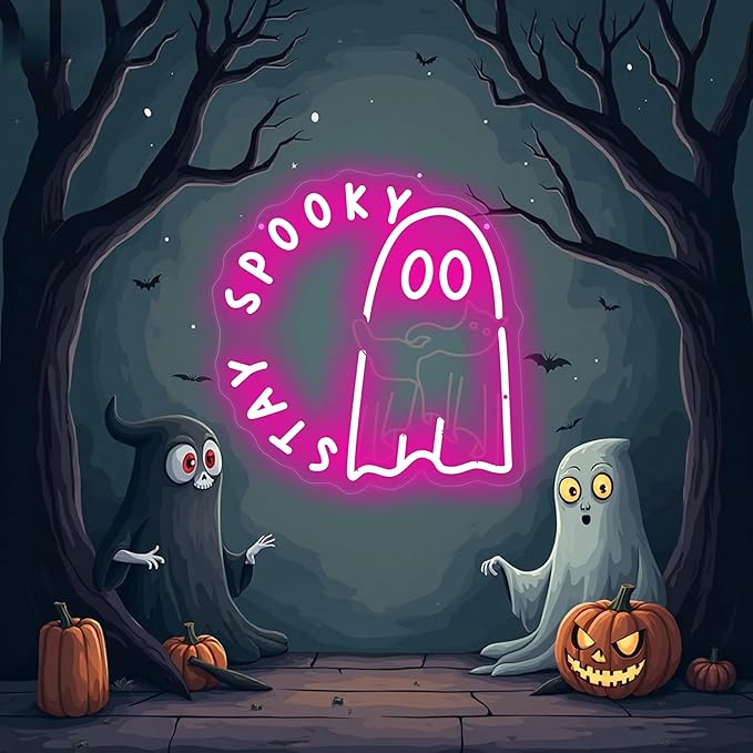 Halloween Ghost holding a cat Stay Spooky Neon Sign, Funny Halloween Party Wall by Mingxigo