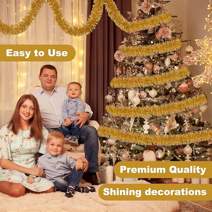 50 Feet Champagne Gold Christmas Tinsel Garland, Metallic Foil Twist Banner - Image 4