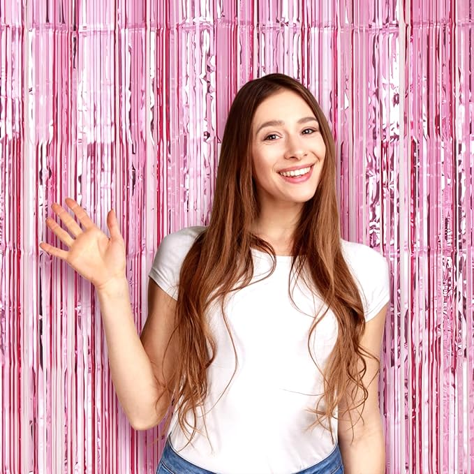 2 Pack Light Pink Foil Fringe Backdrop Curtains, Tinsel Streamers Birthday - Image 6