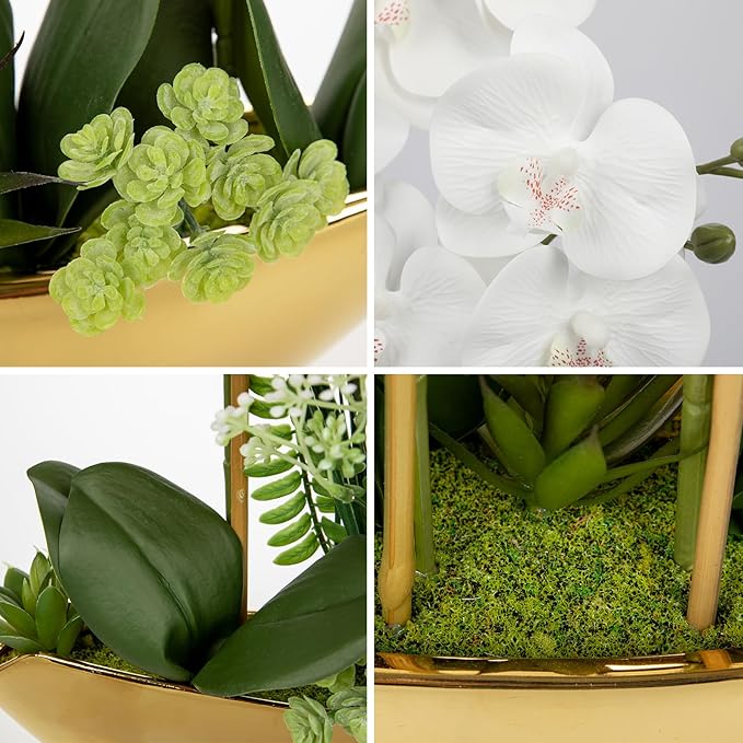 Briful Orchid Fake Flowers 18in White Artificial Orchid Silk Flowers in Gold - Image 4