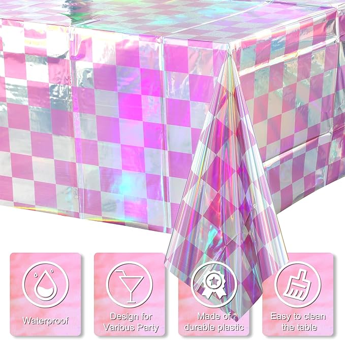 6 Pack Pink and Iridescent Checkered Plastic Tablecloth, Shiny Disposable Laser - Image 3