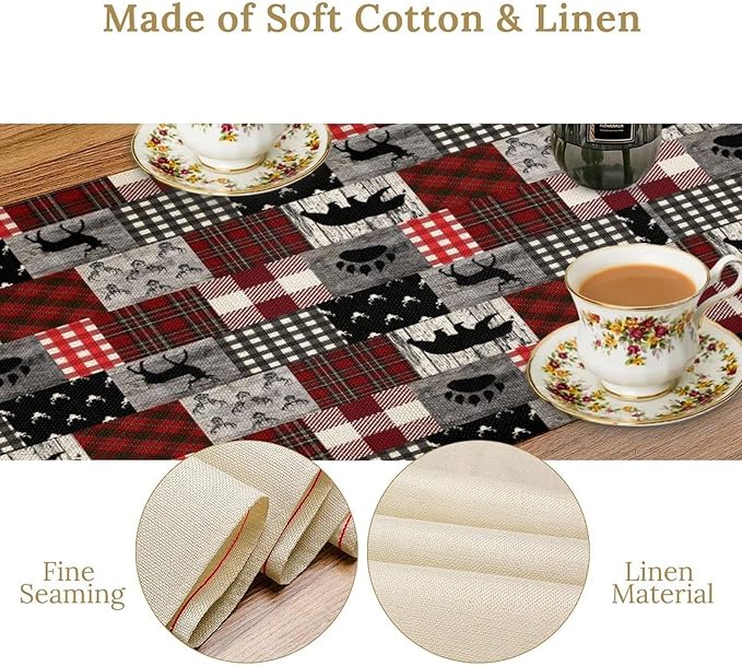 Rustic Farm Table Runner, Vintage Woodland Deer Bear Animal Buffalo Plaid Print - Image 3