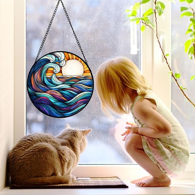 Stained Glass Window Hanging, Big Wave Sun Suncatcher Diamond Glass Panel - Image 2