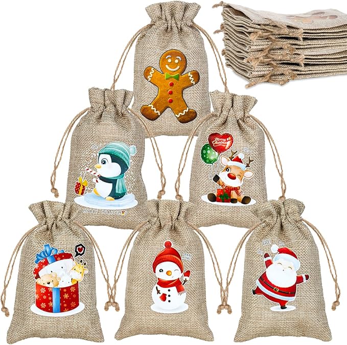 ARTLYMERS 24 Pack Christmas Jute Burlap Bags, Christmas Drawstring Gift Bags by ARTLYMERS
