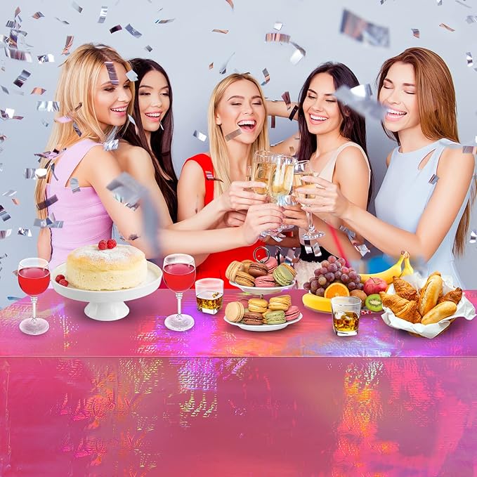 8 Pack Hot Pink Iridescence Plastic Tablecloths Shiny Disposable Laser - Image 7
