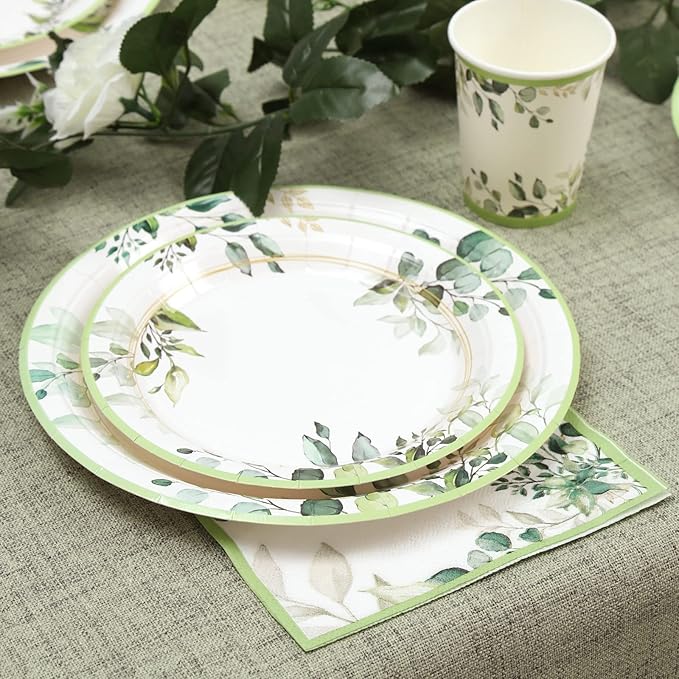 Green Party Plates Supplies, Sage Green Paper Eucalyptus Leaf Plates and Napkins - Image 5