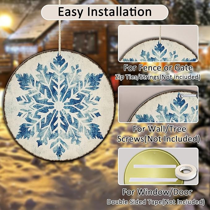 Round Christmas Metal Tin Sign Vintage Snowflake Signs Winter Christmas Sign - Image 3