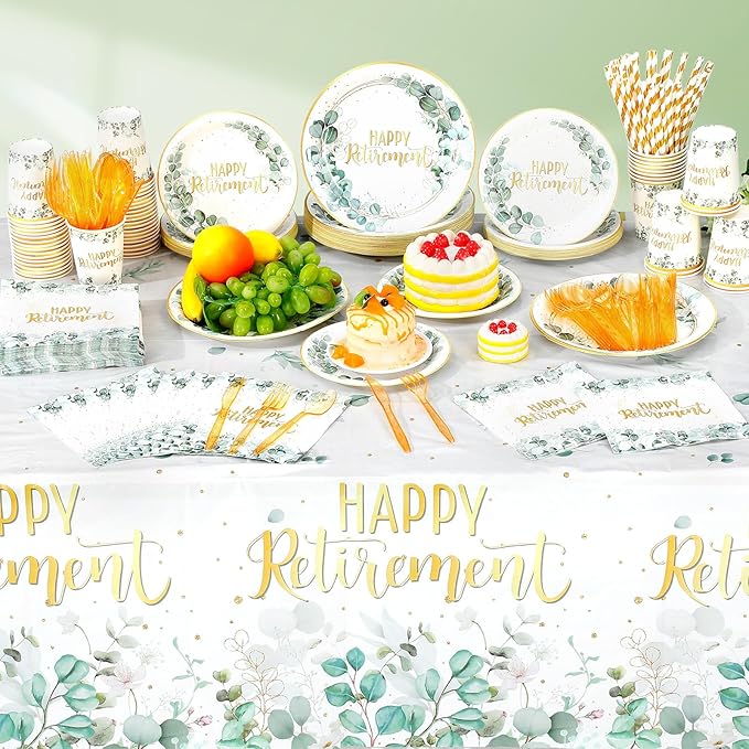 452 Pcs Sage Green Retirement Party Supplies Happy Retirement Paper Plates - Image 4