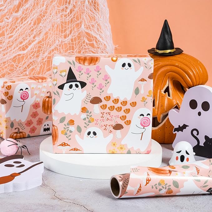 LeZakaa Pink Halloween Wrapping Paper Roll, Cute Ghosts Pumpkins Fall Florals - Image 3