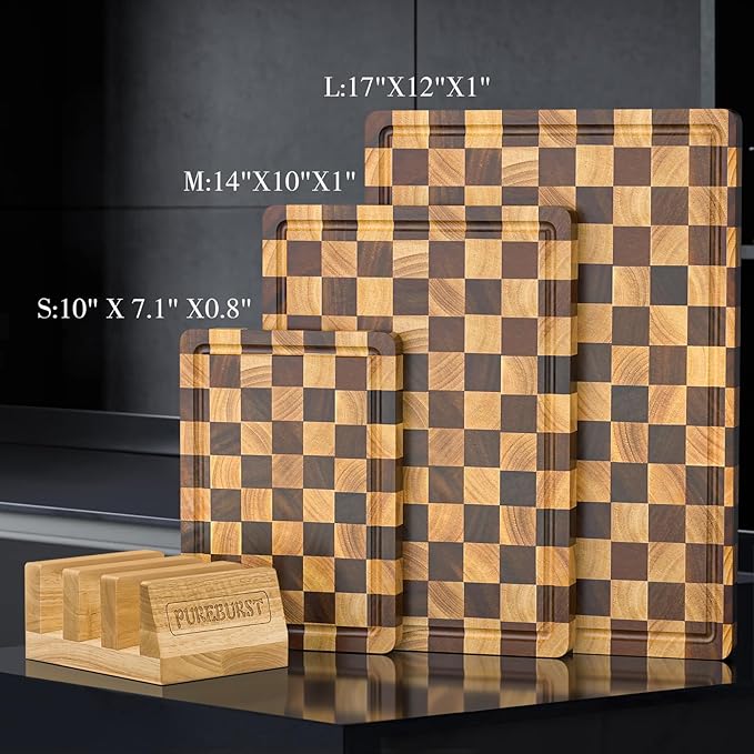 Checkered Cutting Boards for Kitchen, Wood Cutting Board Sets, Walnut Rubber & - Image 2