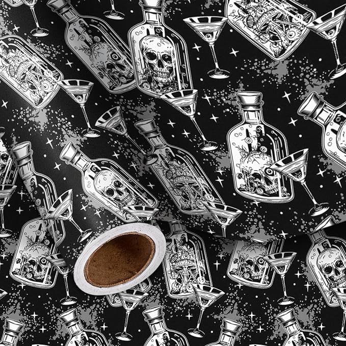 LeZakaa Halloween Wrapping Paper Roll, Gothic Skull-in-Bottle and Eye Cocktail by LeZakaa