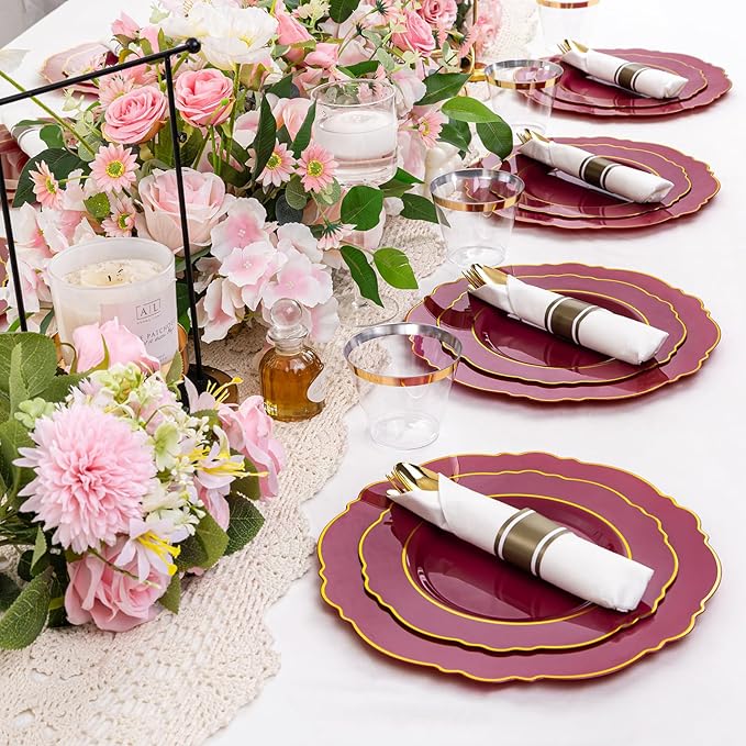 Liacere 350PCS Red Plastic Plates-Disposable Burgundy Red and Gold Plates - Image 4