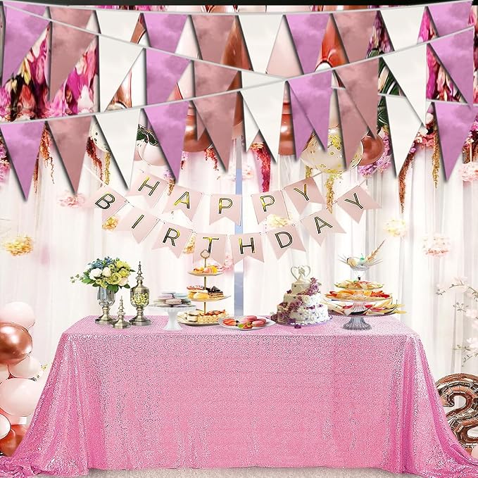 40M/130FT Rose-Gold Pink Triangle Pennant Banner Flag Metallic Fabric Bunting - Image 3