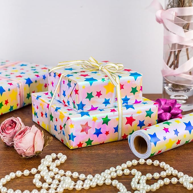 Burymento Holographic Pink Star Gift Wrapping Paper - Image 3