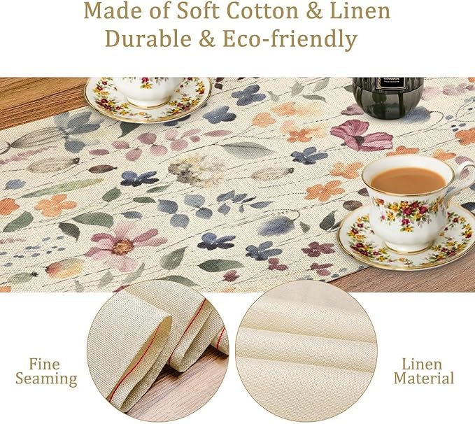 Watercolor Floral Table Runner, Vintage Colorful Floral Natural Style Pattern - Image 4