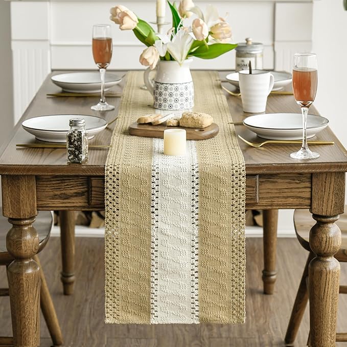 Artoid Mode Burlap Brown Farmhouse Rustic Table Runner, Seasonal Hollow Kitchen - Image 2
