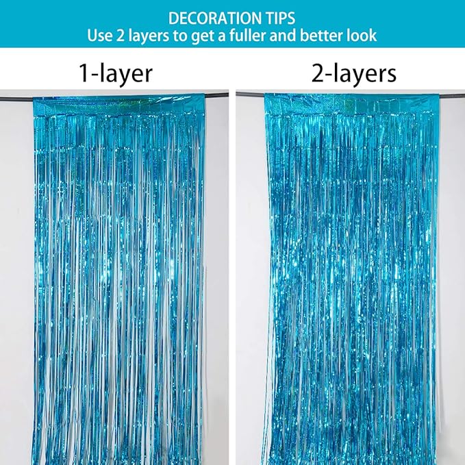 Melsan 2 Pack 3.2 ft x 8.2 ft Teal Tinsel Foil Fringe Curtains Backdrop - Image 6