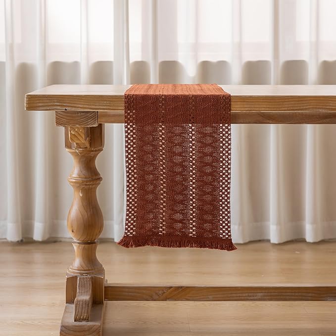 Boho Rust Table Runner for Home Decor 12x72 Inches Farmhouse Macrame Burlap - Image 4