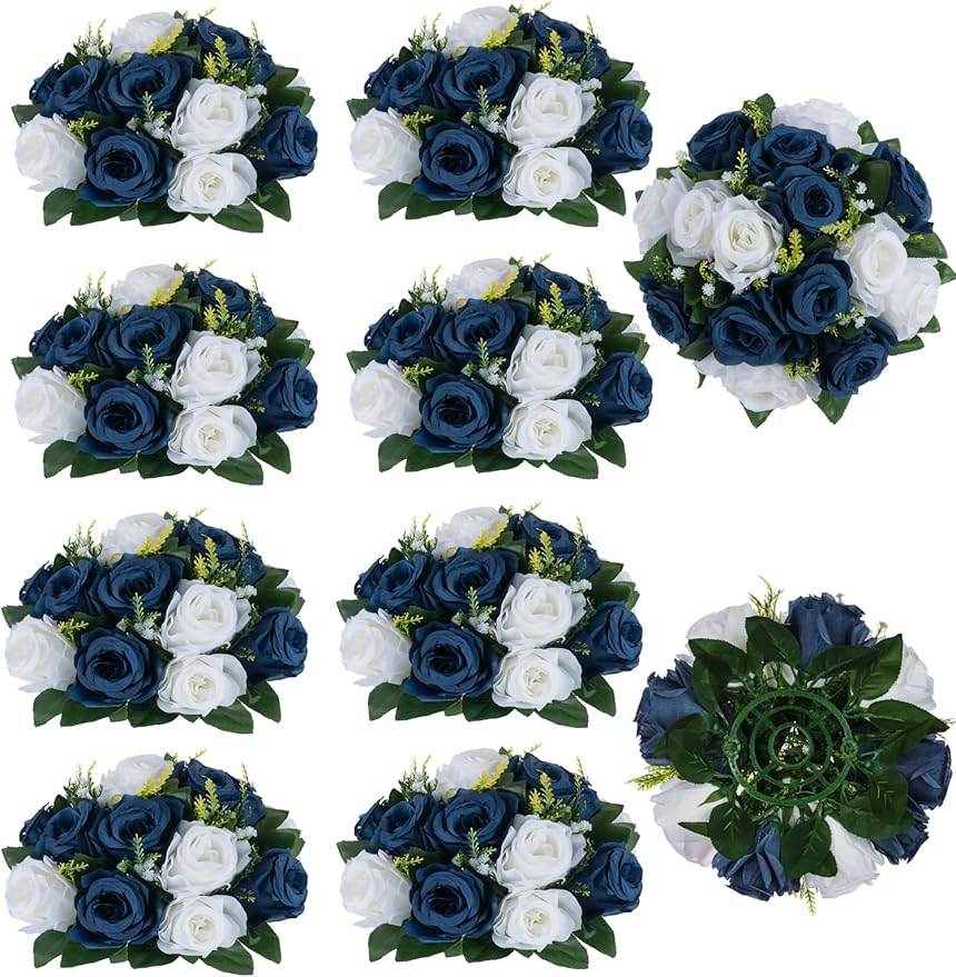BLOSMON Navy Blue Flowers for Centerpieces: 10 Pcs Artificial Roses Flower by Blosmon