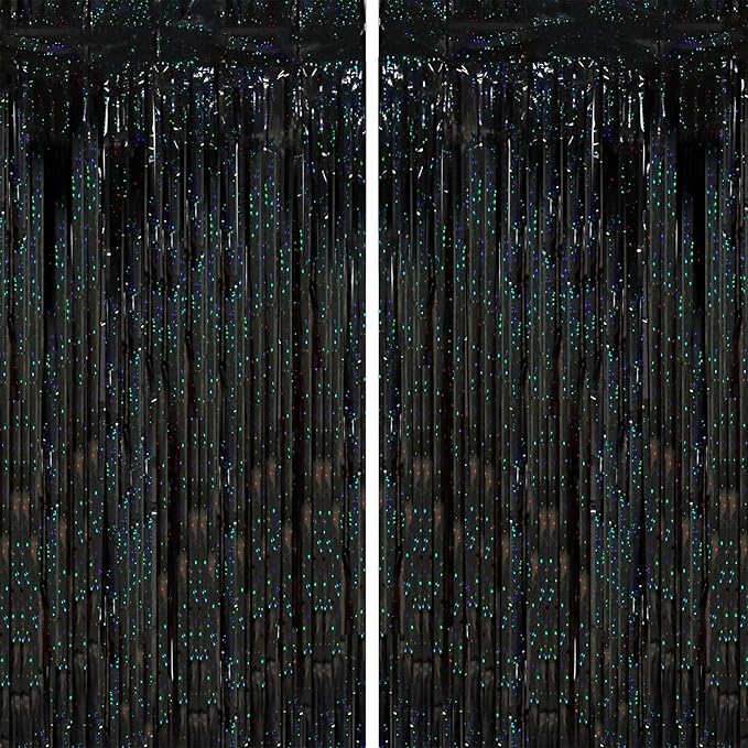 2 Pack Laser Black Tinsel Foil Fringe Curtains, Metallic Tinsel Party Streamers by Voircoloria