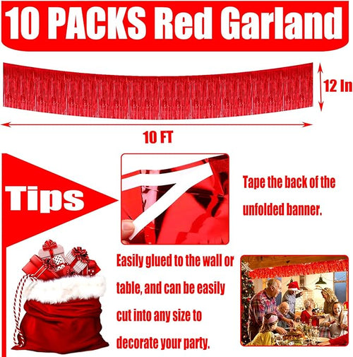 10 Pack 10 Feet Red Foil Fringe Garland Metallic Tinsel Streamers Banner Wall - Image 2