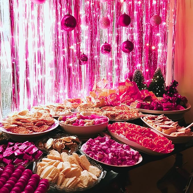 PartyWoo Hot Pink Foil Fringe Curtain Red Rose Streamers 3pcs 8.2ft Magenta - Image 3